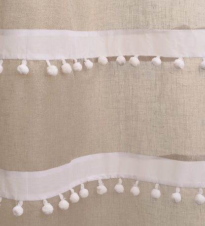 Linen curtain Panel, natural and white, Sheer Drape, striped, pompom lace, sizes available