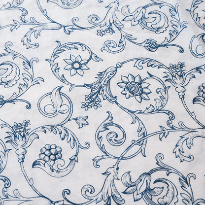 Blue printed sheer fabric, Victorian swirl pattern