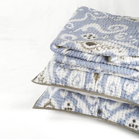 QUILTED BED SET - Blue ikat print with stripe pattern quilting, sizes available