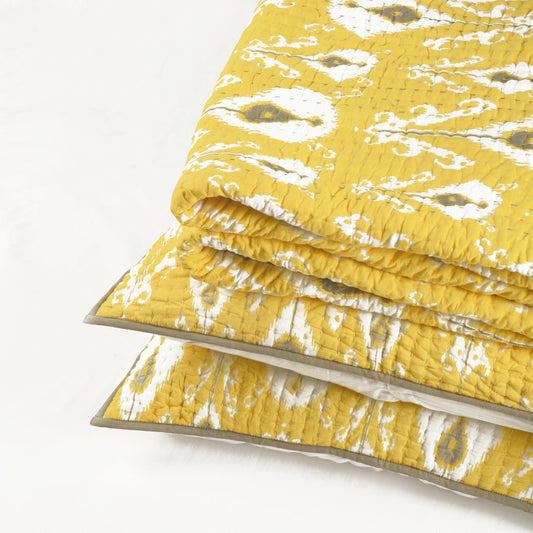 YELLOW IKAT print Kantha quilt - stripe pattern quilting - Quilt set / Quilt / Pillow case available