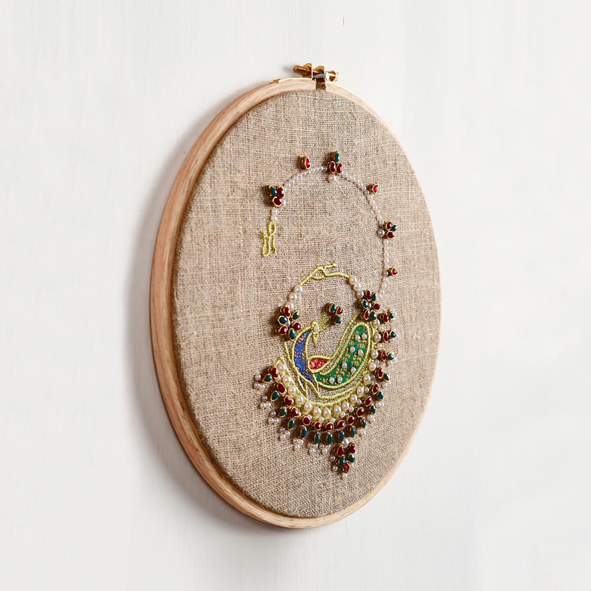 Nath Hoop art, Indian Jewellery embroidery, linen with colors, wall decor, size 10"