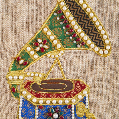 GRAMOPHONE Vintage Musical instrument wall art, embroidery and applique in hoop OR wooden frame