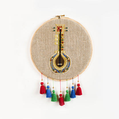 SITAR Musical instrument wall art, embroidery and applique in hoop OR wooden frame