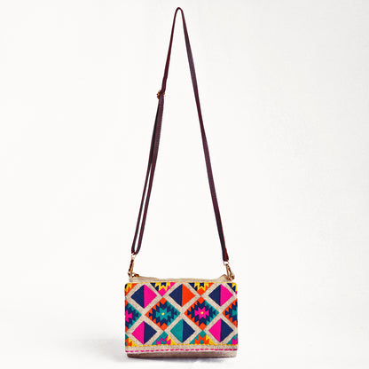 Boho Sling bag, Linen fabric with kilim embroidery