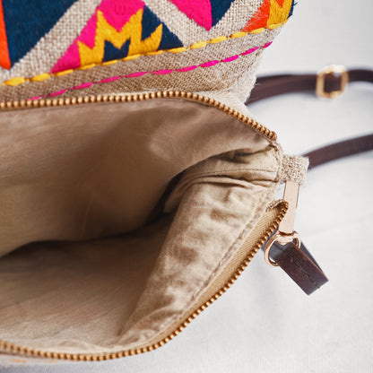 Boho Sling bag, Linen fabric with kilim embroidery