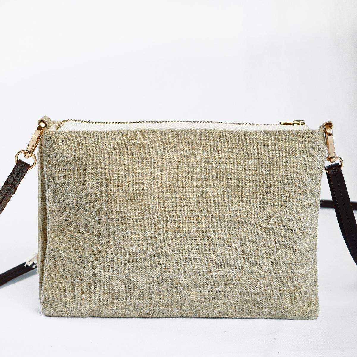 Boho Sling bag, Linen &amp; off white, embroidered with fringe