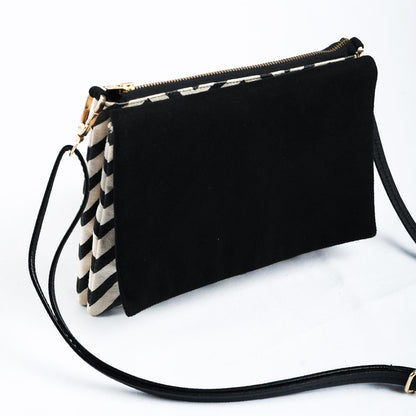 Sling bag, Chevron print canvas with black suede and pure leather handles
