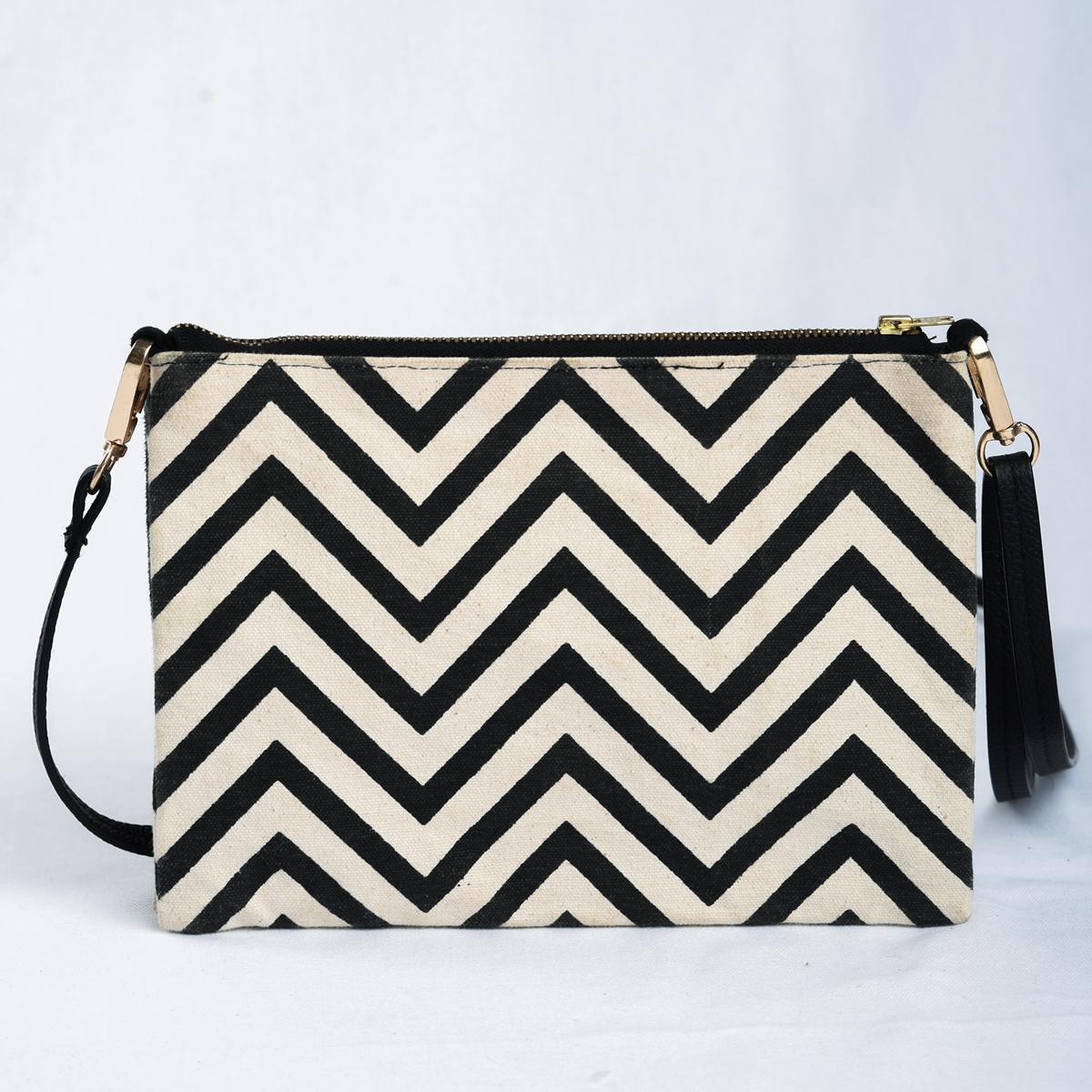 Sling bag, Chevron print canvas with black suede and pure leather handles