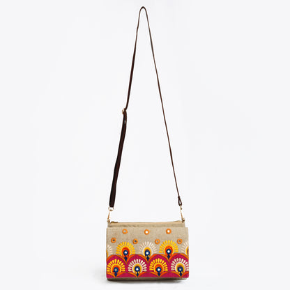 Boho Sling bag, Linen fabric with Kutch embroidery pattern