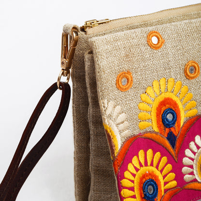 Boho Sling bag, Linen fabric with Kutch embroidery pattern