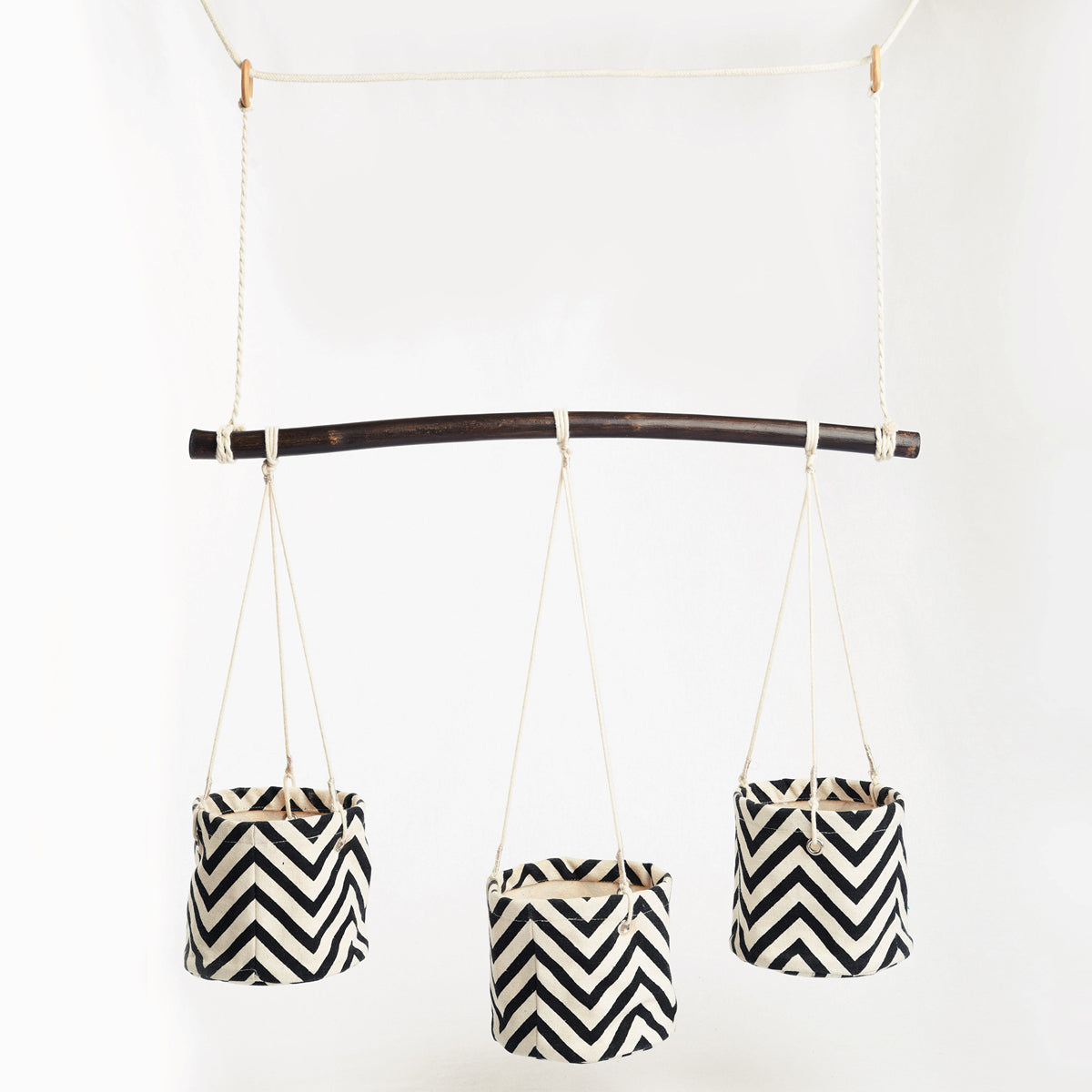 Canvas plant hanger, set of 3 baskets, chevron print, black and white, cotton canvas fabric