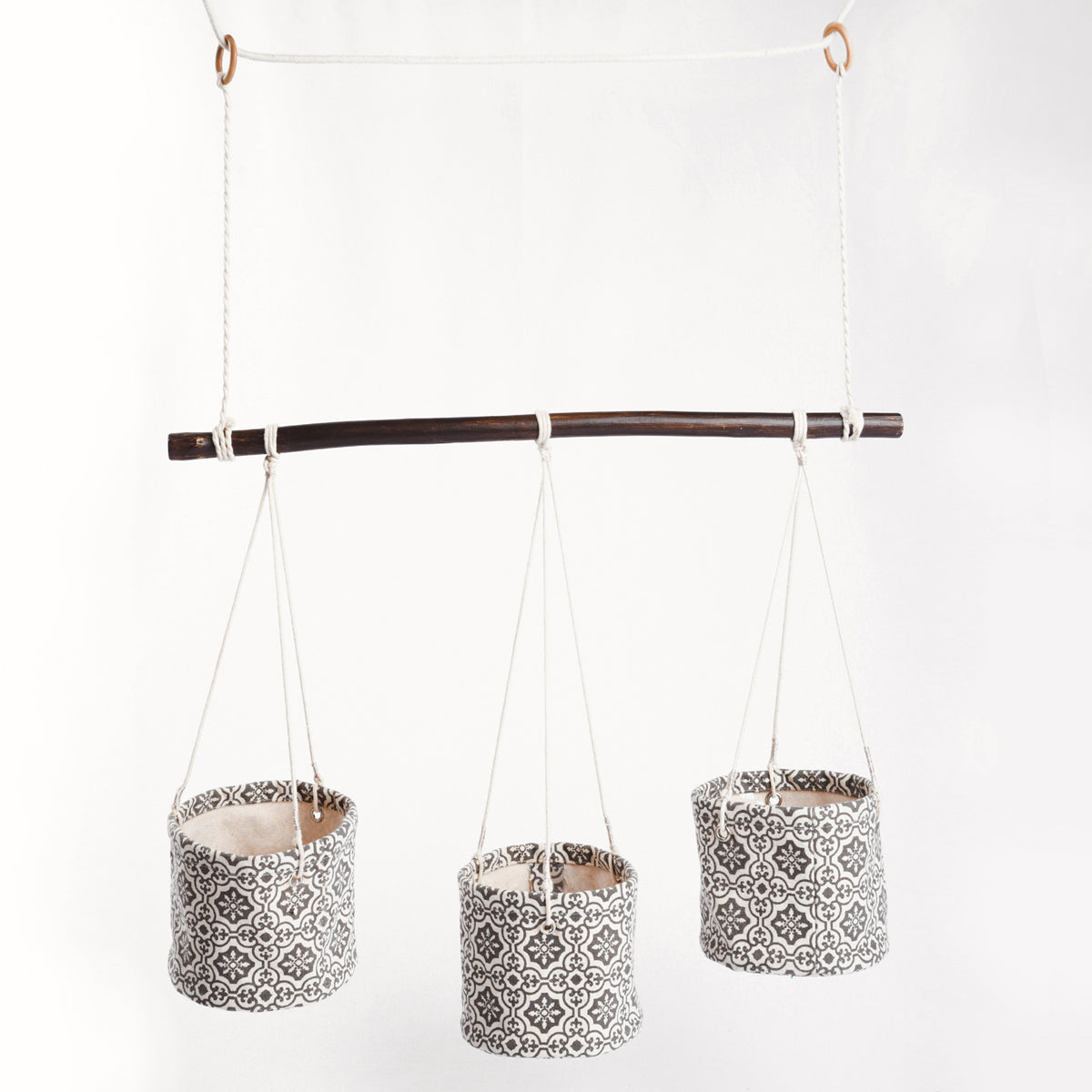 Canvas plant hanger, set of 3 baskets, tile print, black and white, cotton canvas fabric