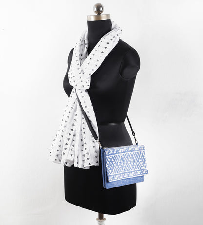 Chalkboard - Denim blue sling bag, stone washed, embroidered and sequinned