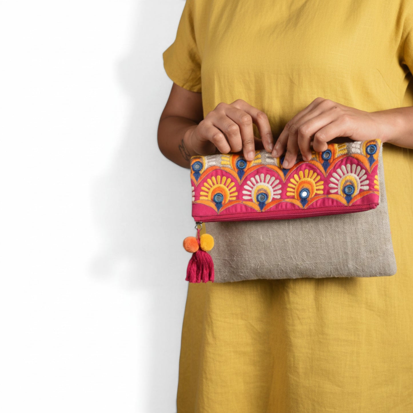 Tribal Embroidered Linen Foldover Clutch | Appliqué Boho Bag | Handmade | 6"×9"