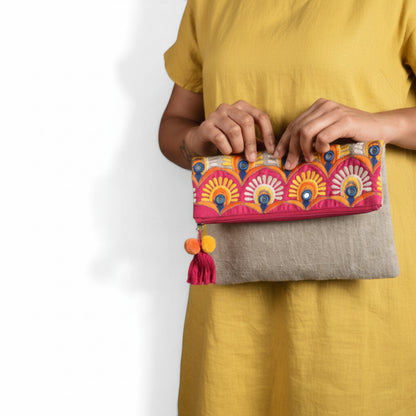 Tribal Embroidered Linen Foldover Clutch | Appliqué Boho Bag | Handmade | 6"×9"