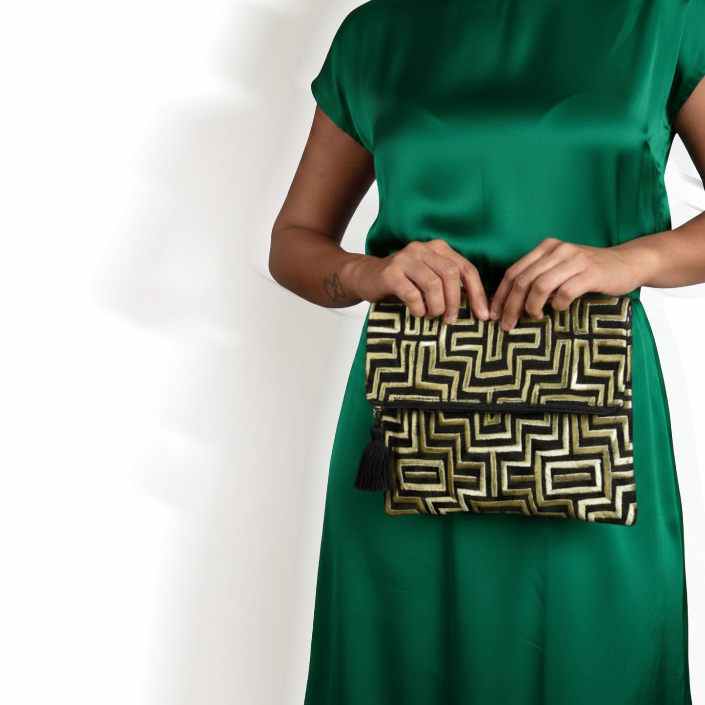 Mola Black & Gold Embroidered Foldover Clutch | Gold Silk Thread | Handmade - Vliving