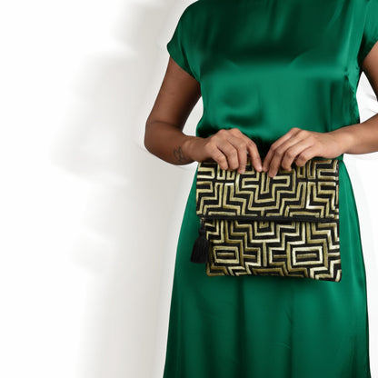 Mola Black & Gold Embroidered Foldover Clutch | Gold Silk Thread | Handmade - Vliving