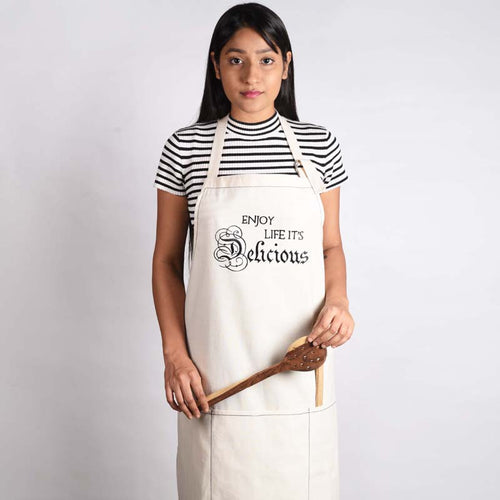 Off white, cotton apron, embroidered, kitchen, housewarming gift, size 27"X 30"