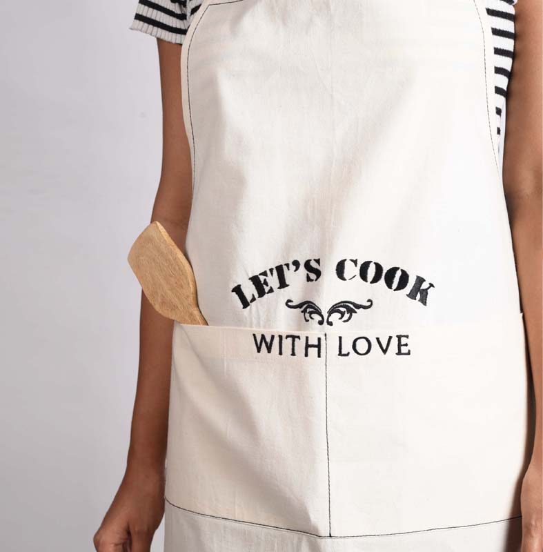 Off white, cotton apron, embroidered, kitchen, housewarming gift