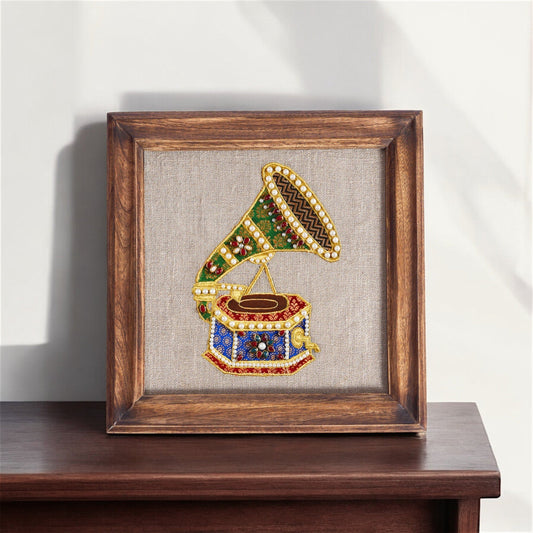 GRAMOPHONE Vintage Musical instrument wall art, embroidery and applique in hoop OR wooden frame