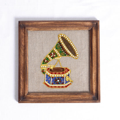GRAMOPHONE Vintage Musical instrument wall art, embroidery and applique in hoop OR wooden frame