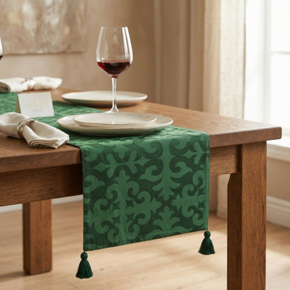 Shyrdak Tropical Green Table Runner | Moroccan Print & Green Tassels | 2 Sizes - Vliving
