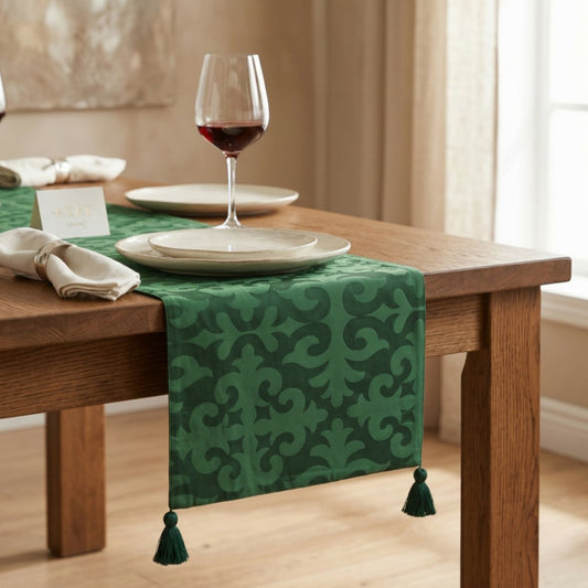 Shyrdak Tropical Green Table Runner | Moroccan Print & Green Tassels | 2 Sizes - Vliving