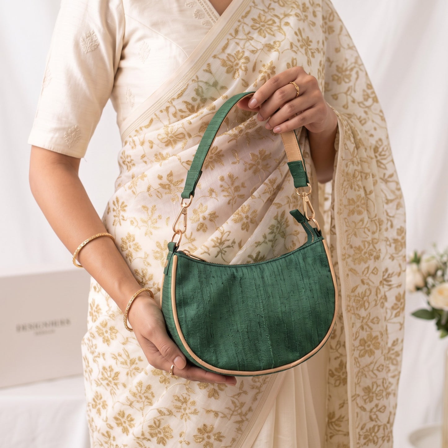 Crescent Half Moon Silk Party Purse | Bottle Green & Beige | Pure Silk Dupion
