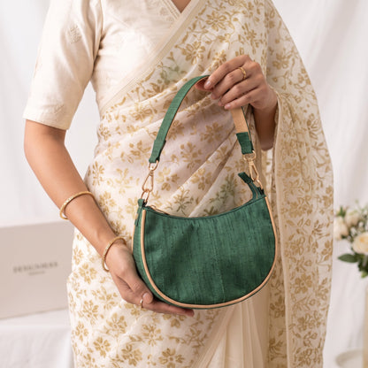 Crescent Half Moon Silk Party Purse | Bottle Green & Beige | Pure Silk Dupion