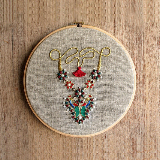 Necklace Hoop art, Indian Jewellery embroidery, linen with colors, wall decor, size 10"