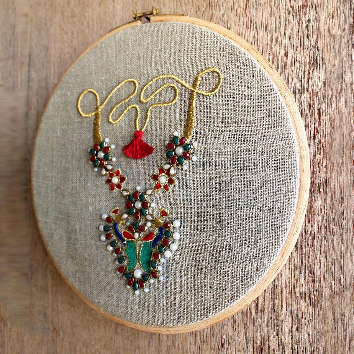 Necklace Hoop art, Indian Jewellery embroidery, linen with colors, wall decor, size 10"