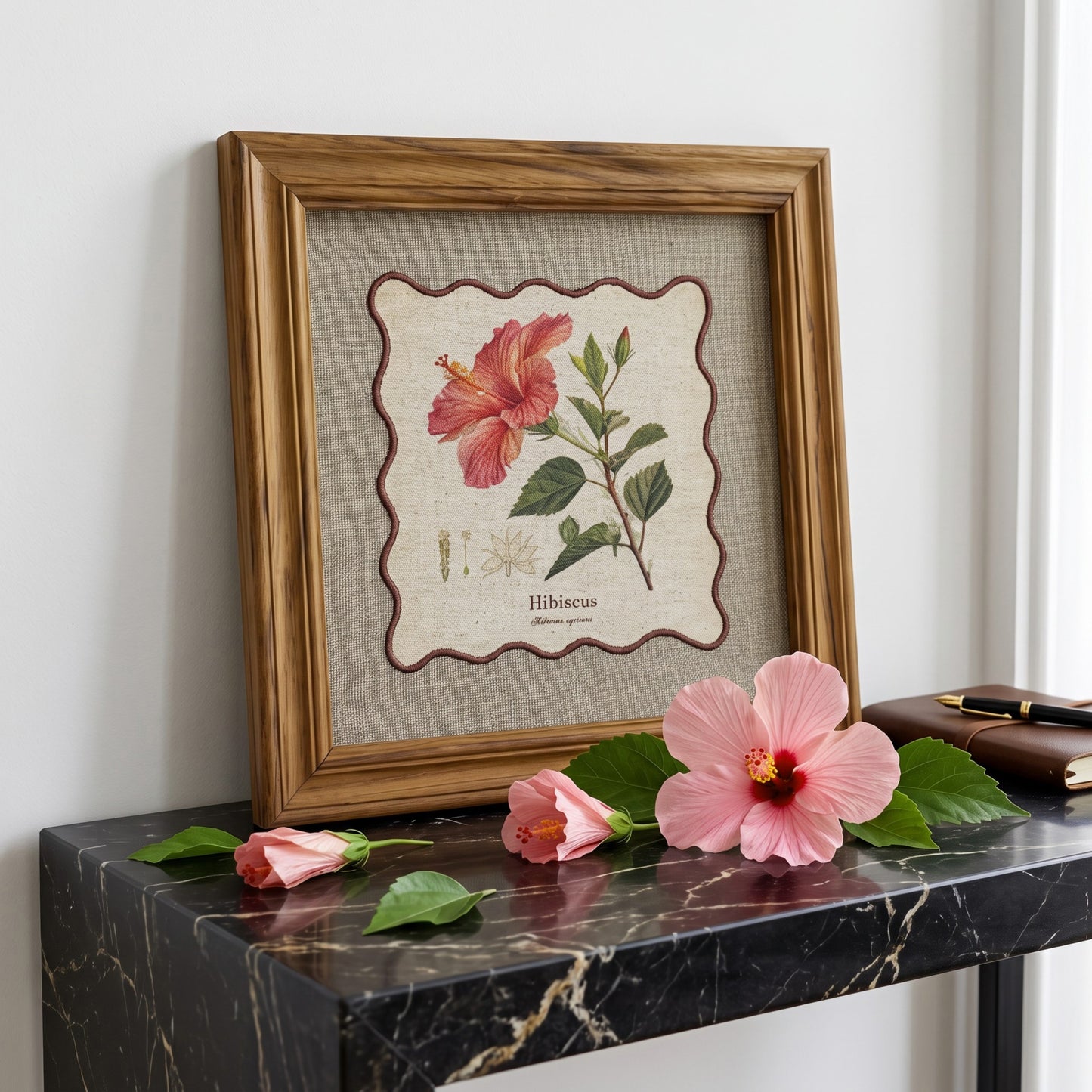 BOTANICAL HERB wall art, Hibiscus motif with wooden frame, 12X12 inches