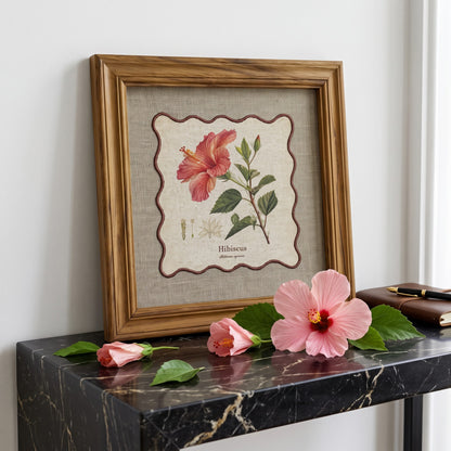 BOTANICAL HERB wall art, Hibiscus motif with wooden frame, 12X12 inches