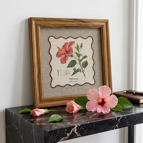 BOTANICAL HERB wall art, Hibiscus motif with wooden frame, 12X12 inches