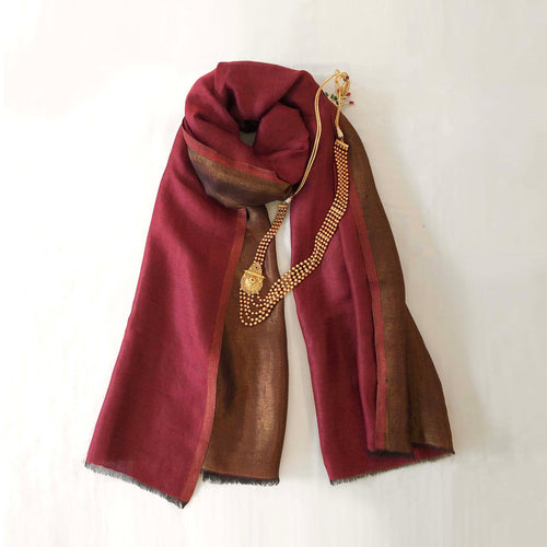 Red and gold fine wool and zari scarf, reversible stole