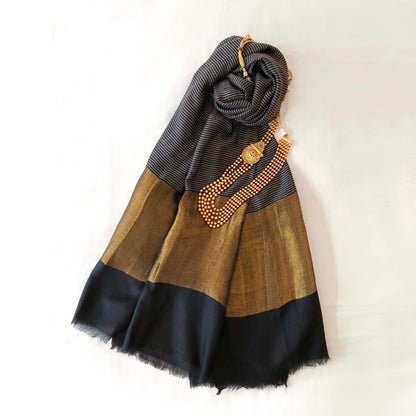 Black and grey stripe fine wool scarf with gold zari border, reversible stole