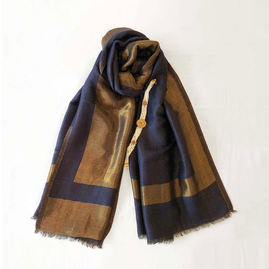 Dark blue fine wool scarf with gold zari border, reversible stole