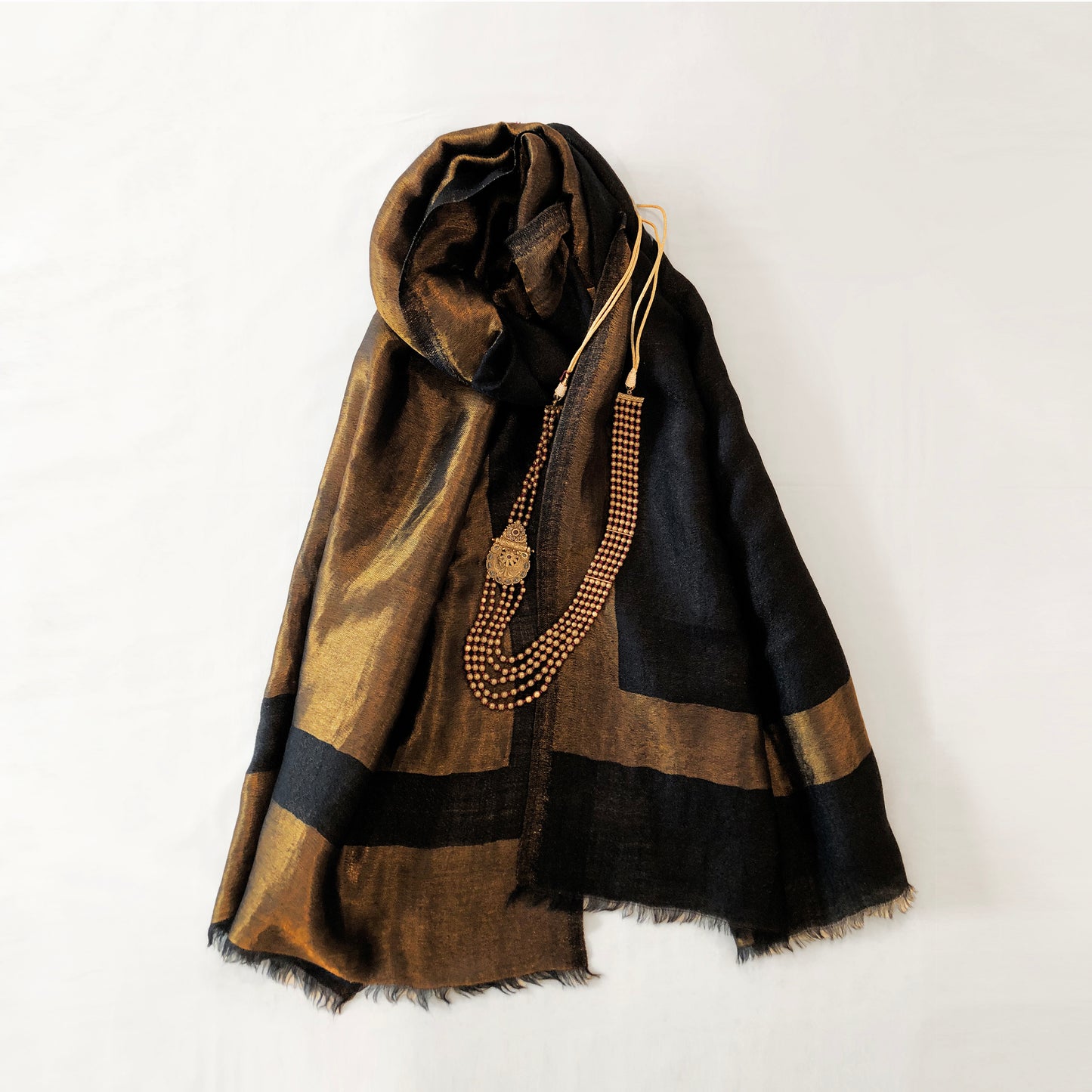 Black fine wool scarf with gold zari border, reversible stole