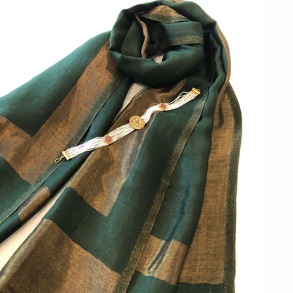 Green fine wool scarf with gold zari border, reversible autumn winter stole