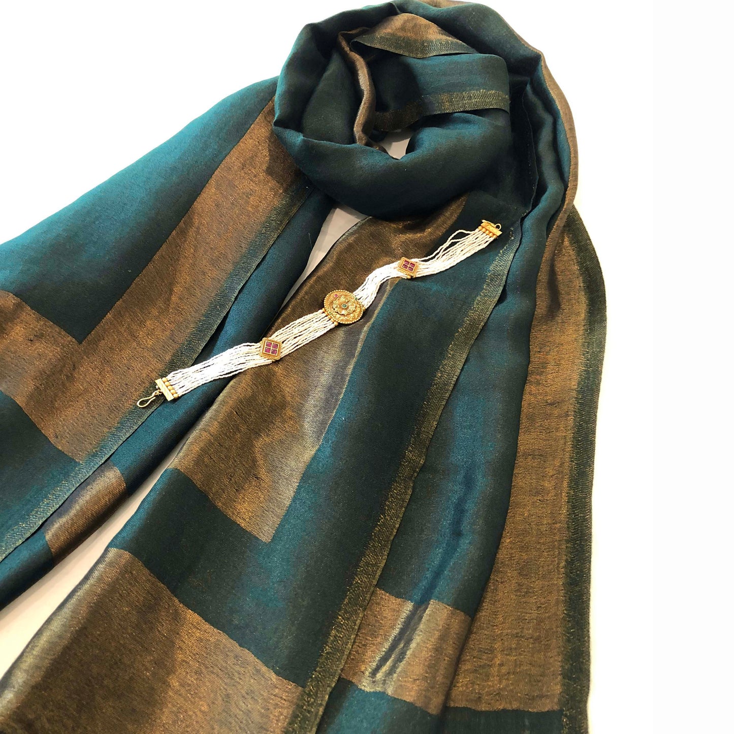 Peacock Green fine wool scarf with gold zari border, reversible autumn winter stole
