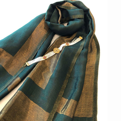 Peacock Green fine wool scarf with gold zari border, reversible autumn winter stole