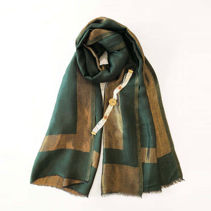 Green fine wool scarf with gold zari border, reversible autumn winter stole