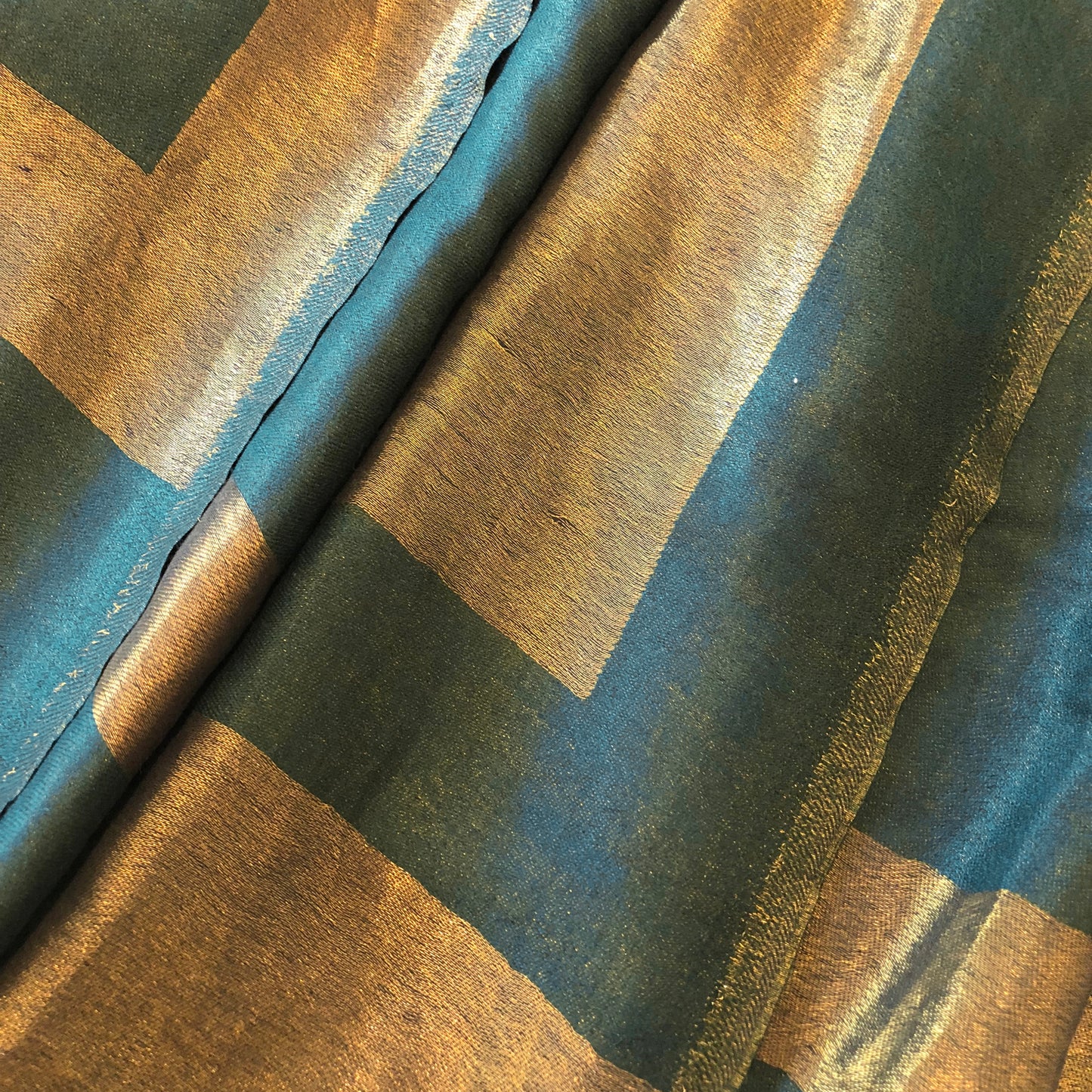 Peacock Green fine wool scarf with gold zari border, reversible autumn winter stole