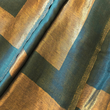 Peacock Green fine wool scarf with gold zari border, reversible autumn winter stole