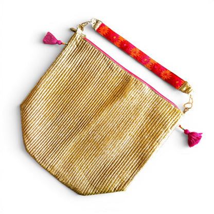 Faux Silk quilted HOBO Bag, Metallic Gold, hand embroidered handle, Gift for her