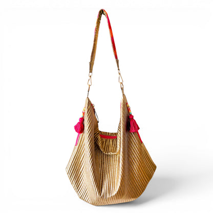 Faux Silk quilted HOBO Bag, Metallic Gold, hand embroidered handle, Gift for her