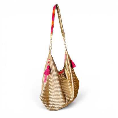 Faux Silk quilted HOBO Bag, Metallic Gold, hand embroidered handle, Gift for her