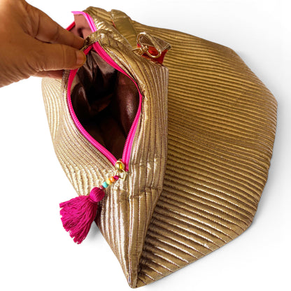 Faux Silk quilted HOBO Bag, Metallic Gold, hand embroidered handle, Gift for her