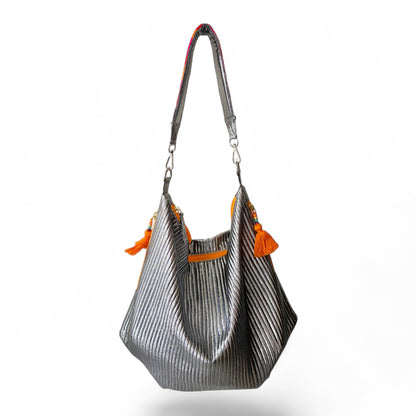 Faux Silk quilted HOBO Bag, Gunmetal Silver, hand embroidered handle, Gift for her