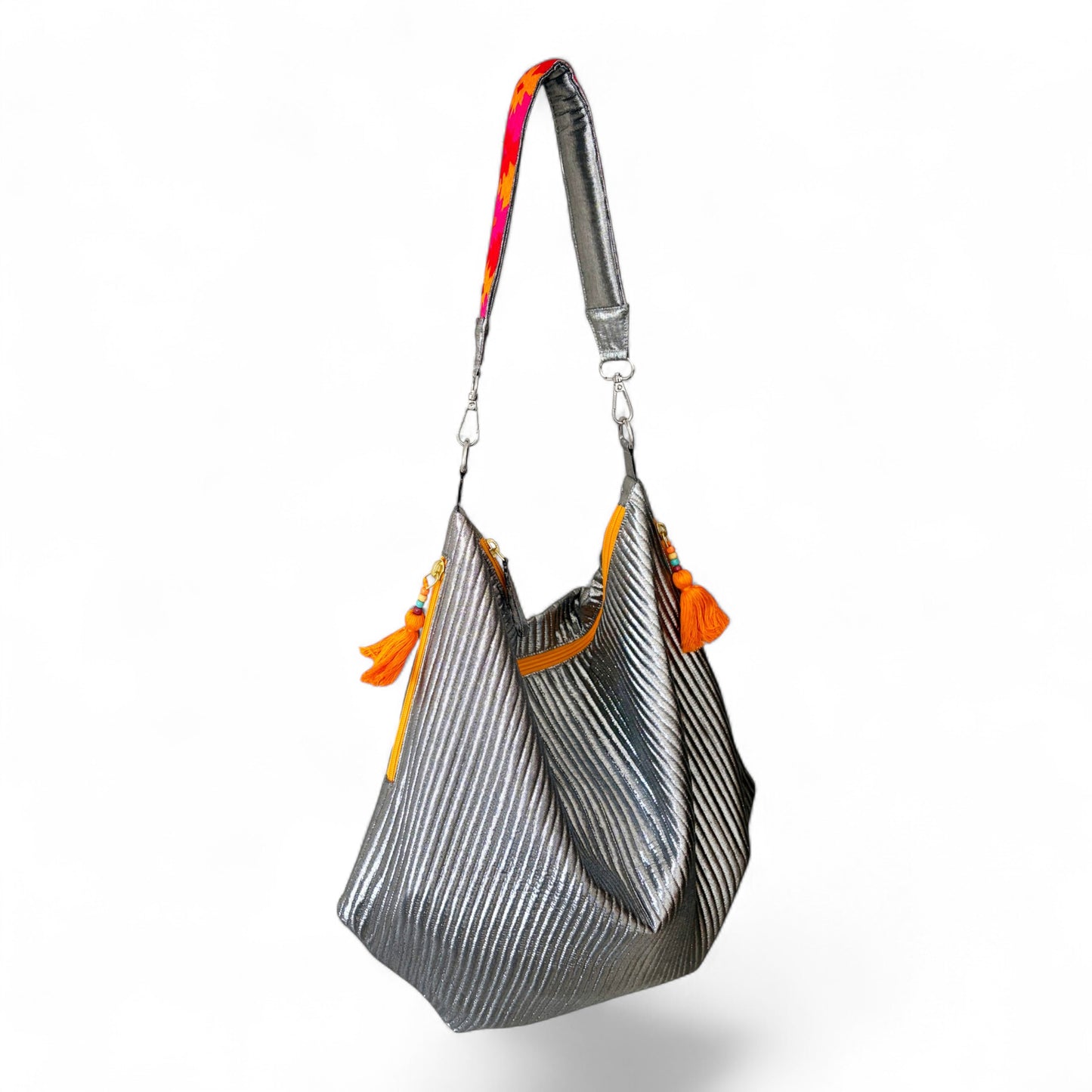 Faux Silk quilted HOBO Bag, Gunmetal Silver, hand embroidered handle, Gift for her